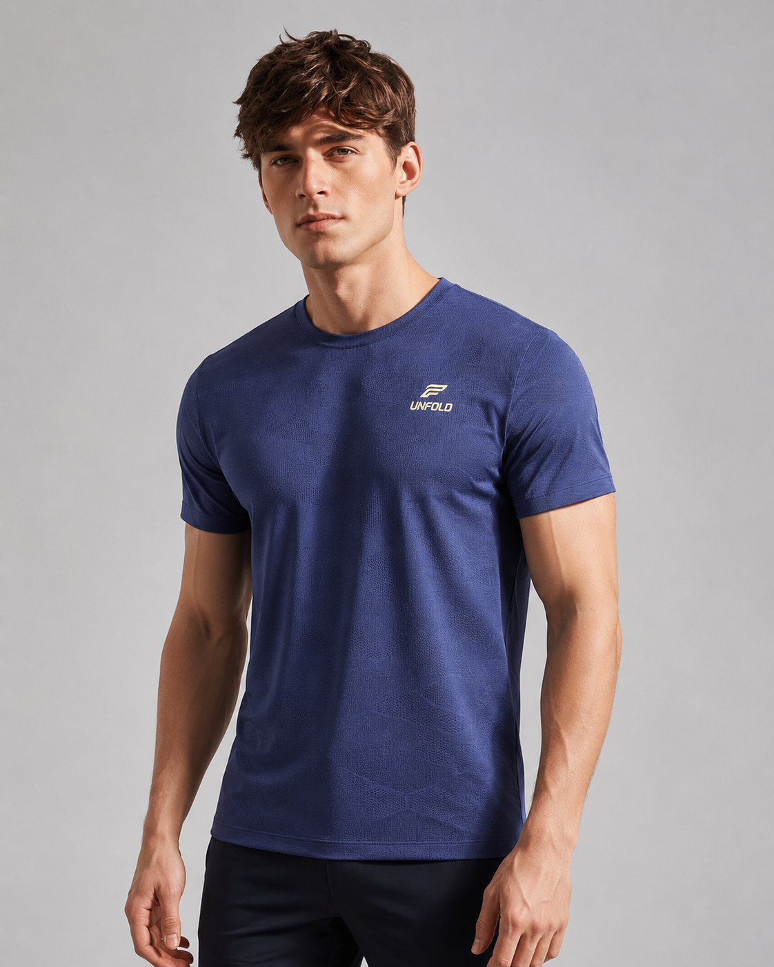 a fit man wearing t-shirt blue with logo unfold 